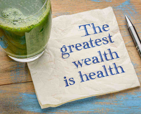 The greatest wealth is health napkin with green smoothie