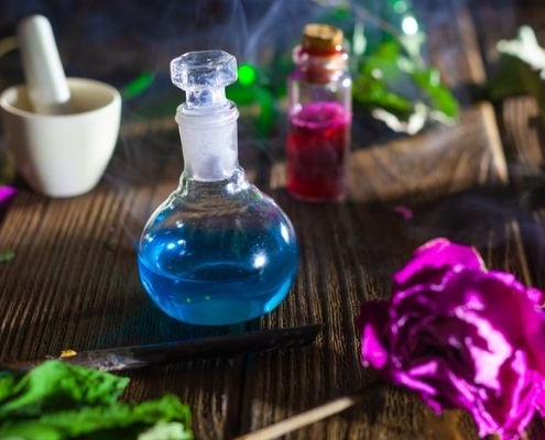 potions and herbs on a table